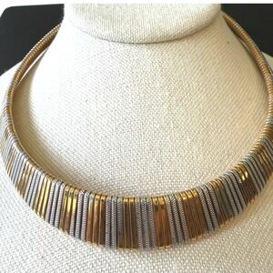 Vintage Two Tone Gold Silver Ribbed Choker Collar Necklace Tapered Omega Link